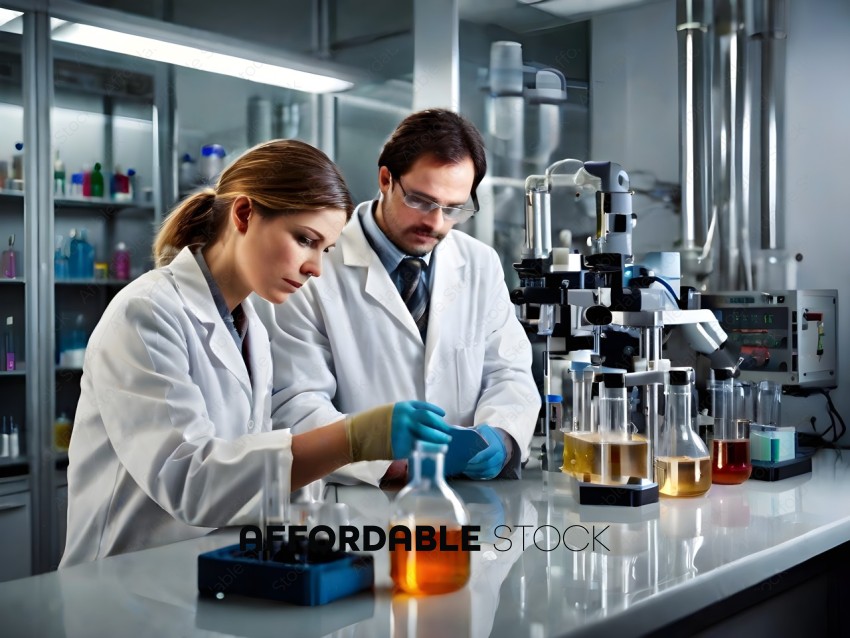 A man and a woman in lab coats looking at a microscope