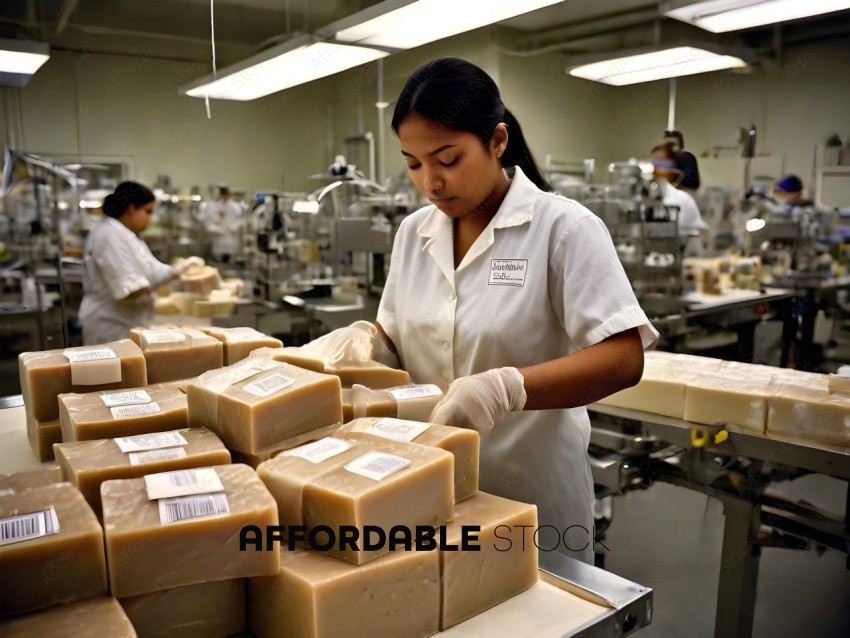 A woman in a white shirt is working in a factory