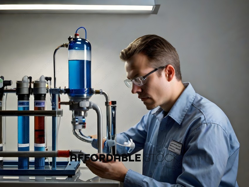 A man in a blue shirt looking at a piece of equipment