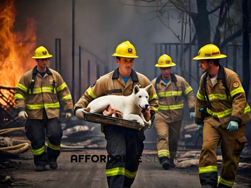 Firefighters carrying a dog on a stretcher
