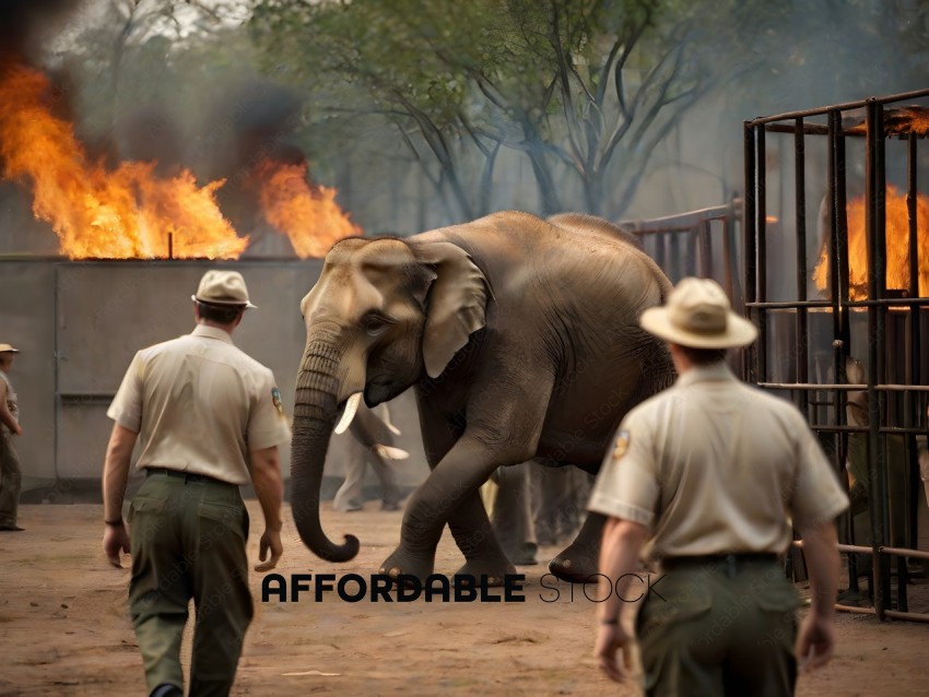Men watching an elephant walk past a fire