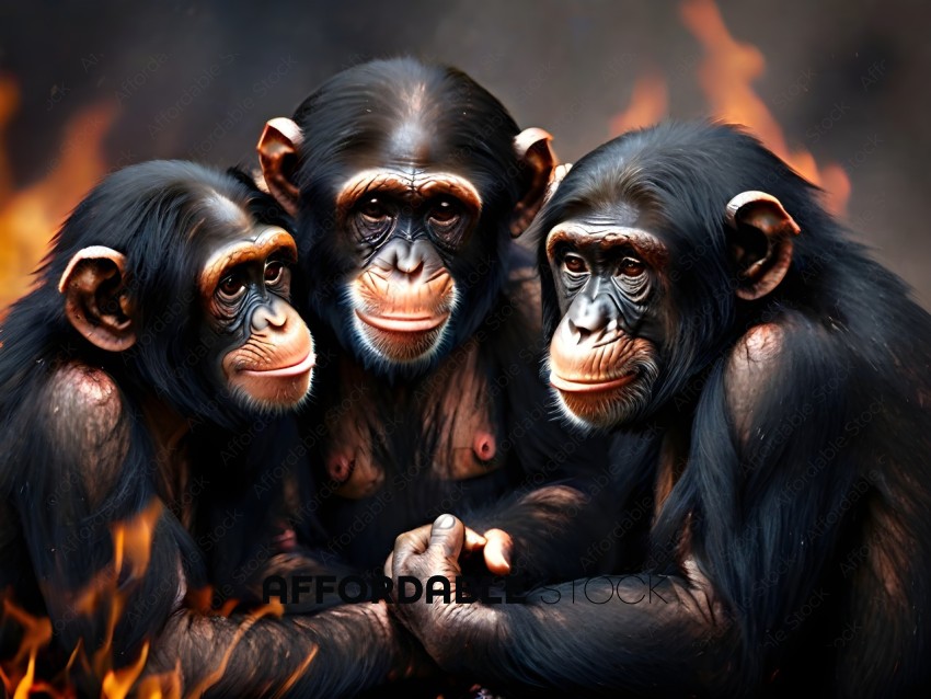 Three monkeys sitting together with their arms around each other