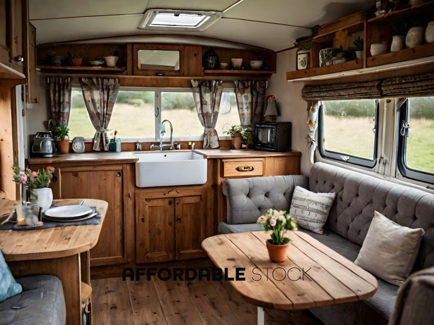 A cozy wooden camper with a kitchenette and a couch
