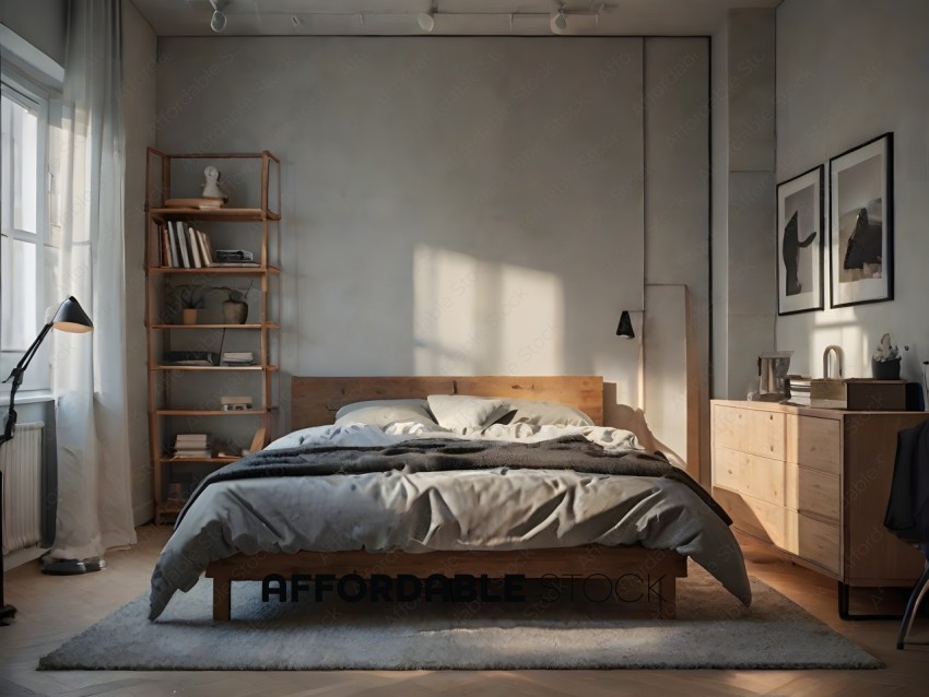 A bedroom with a bed and a bookshelf