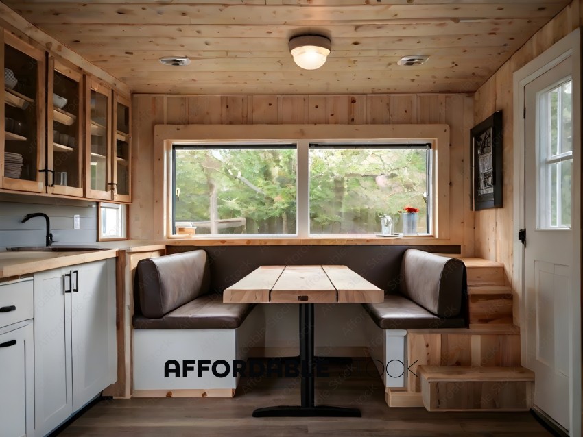 A cozy wooden cabin with a table and two benches