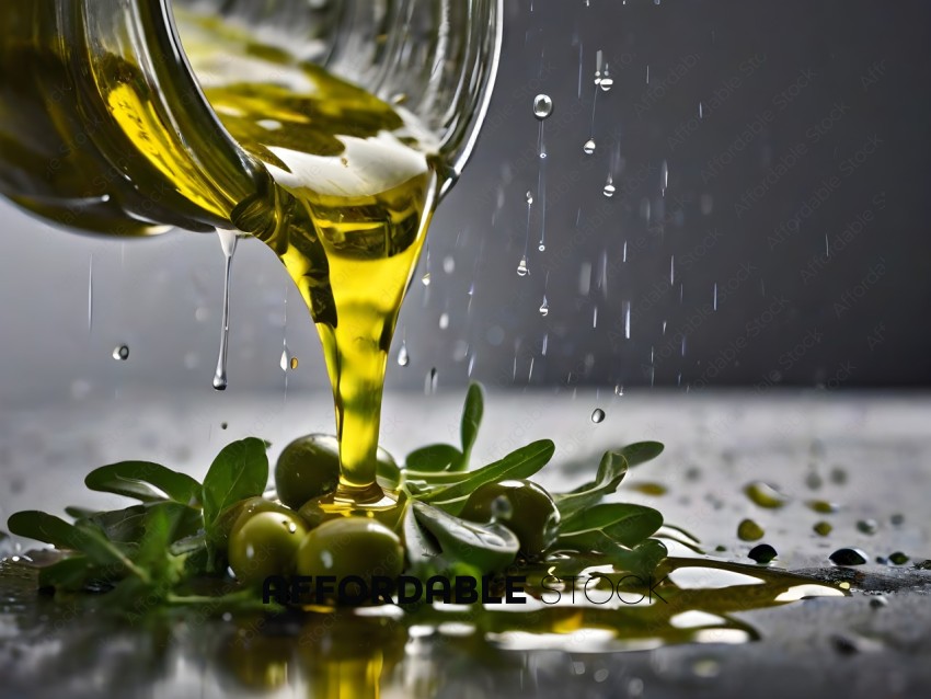 A bottle of olive oil being poured onto green leaves