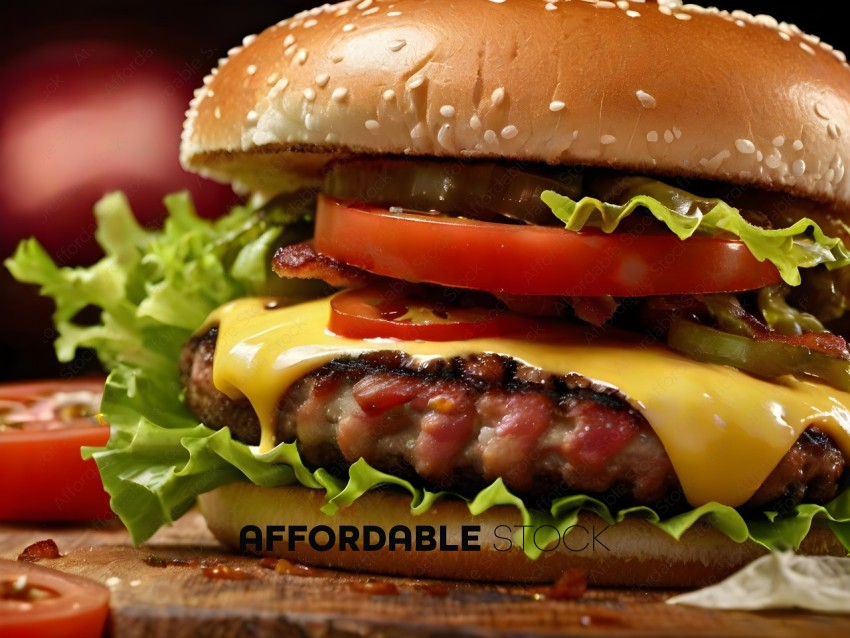 A close up of a hamburger with lettuce, tomato, and cheese