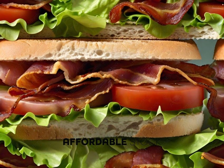 A close up of a sandwich with tomato, lettuce, and bacon