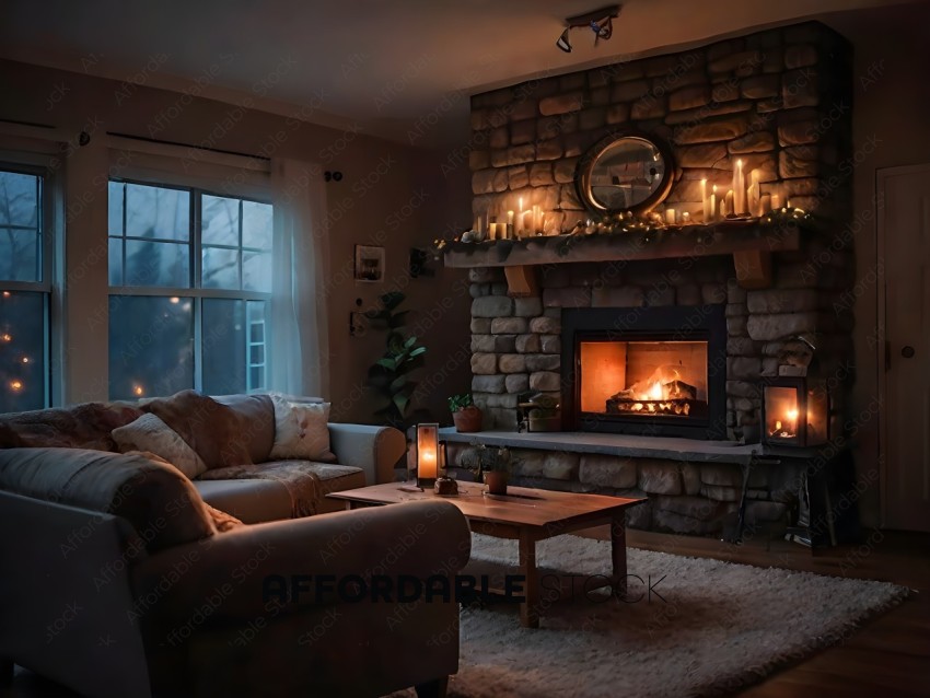A cozy living room with a fireplace and candles