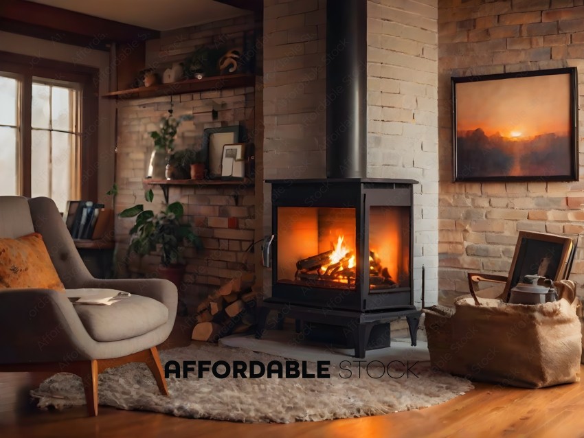 A cozy living room with a fireplace and a chair