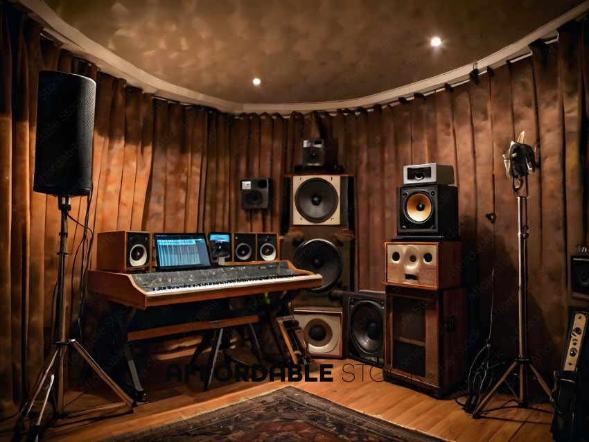 A home studio with a piano, speakers, and sound equipment