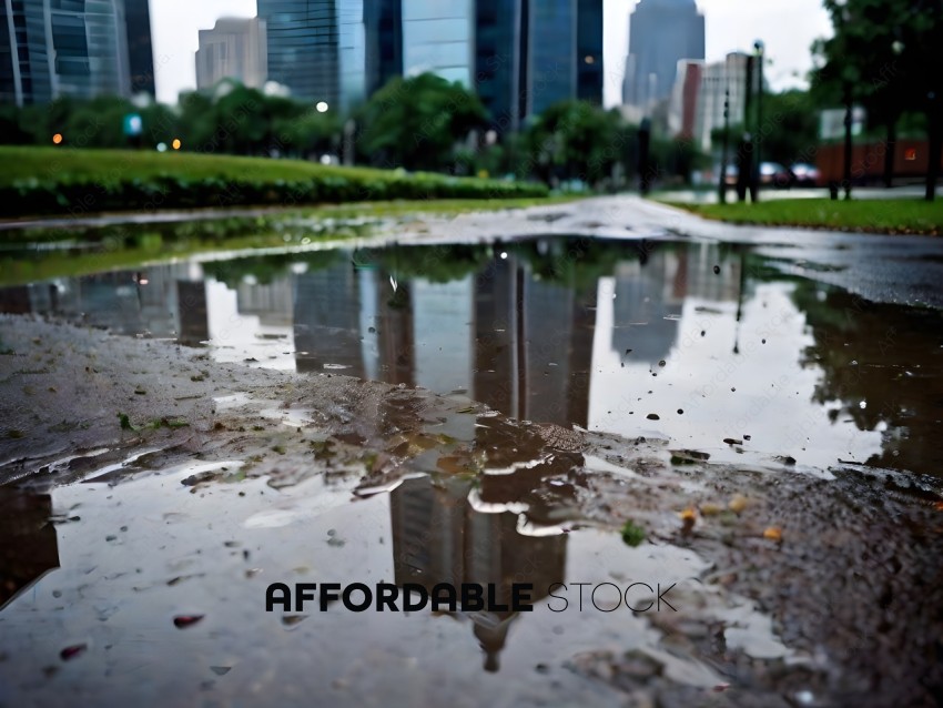 Reflection of a city skyline in a puddle