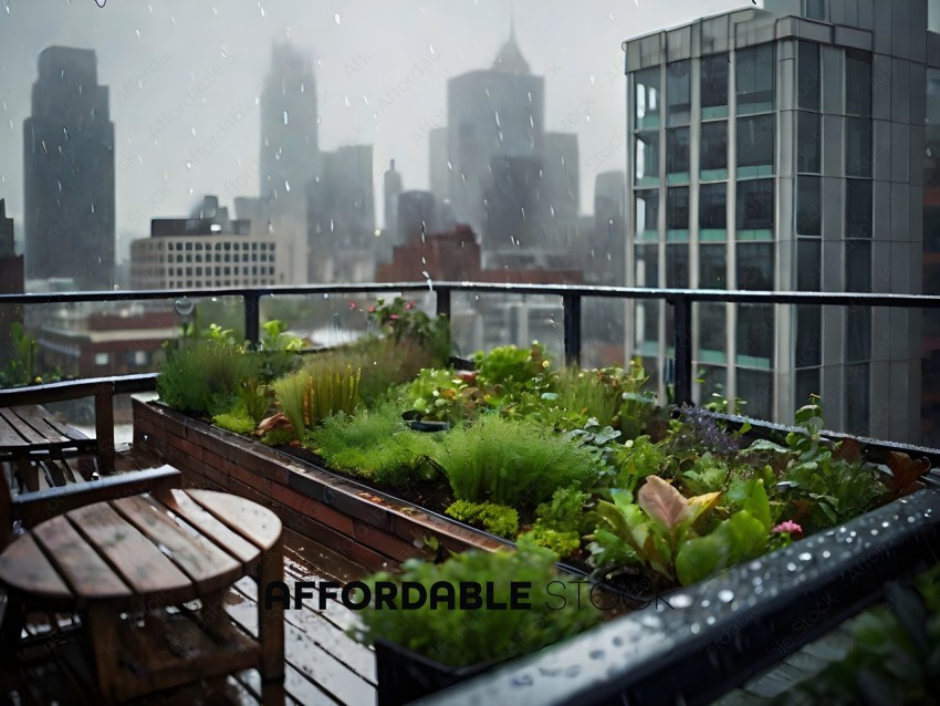 A rooftop garden with a city view