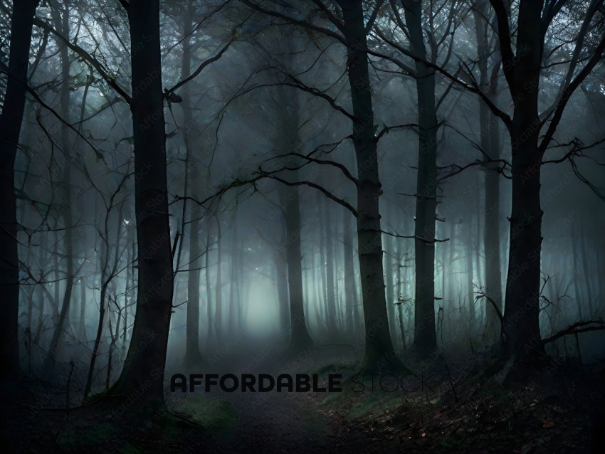 A forest path in the fog