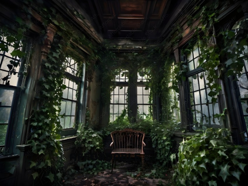 A chair in a room with ivy growing on the walls