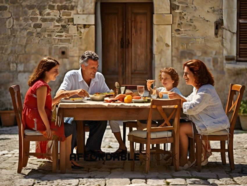 A family of four sitting at a table eating dinner