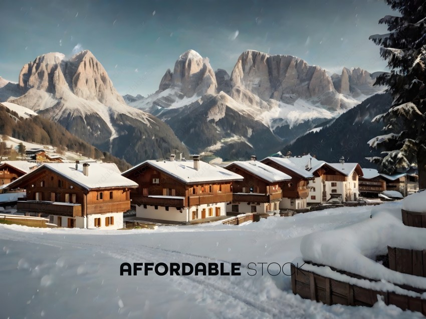 Snowy mountain village with houses and ski slopes