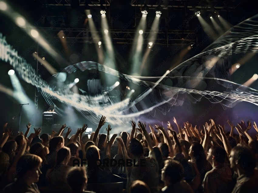 A crowd of people watching a concert with a large light show