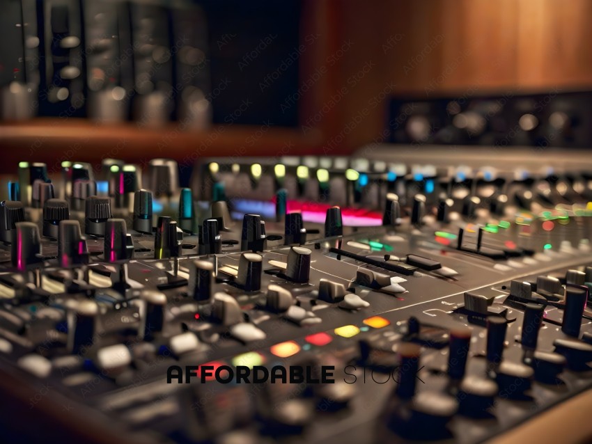 A close up of a sound mixing board with many buttons and knobs
