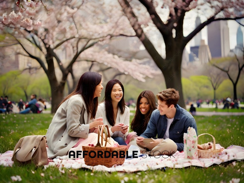Four friends sitting on the grass in a park