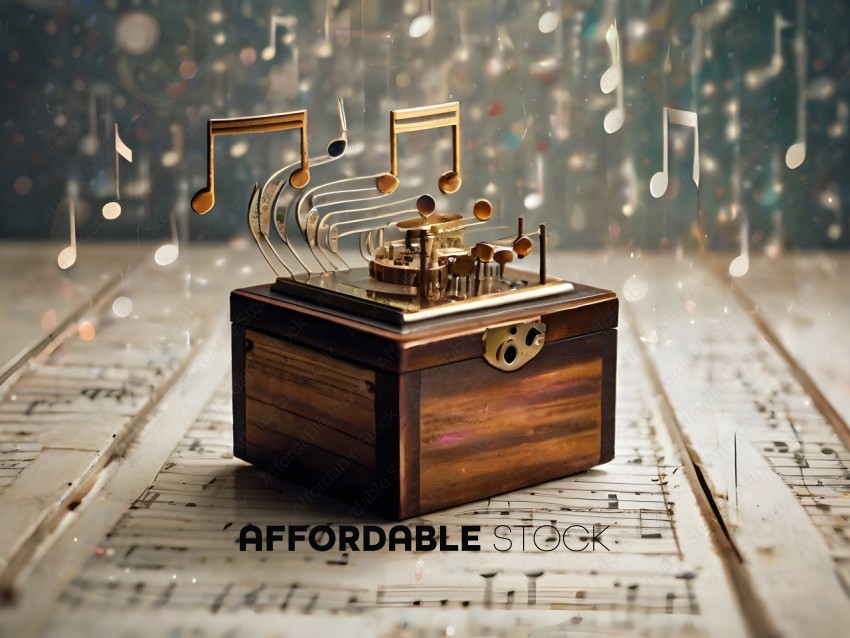 A wooden music box with a golden design on the front