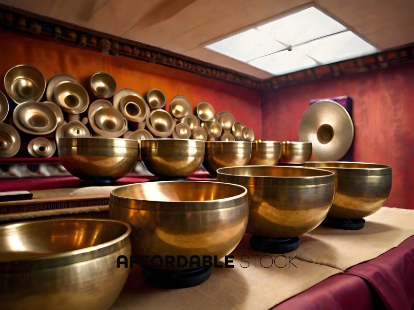 A collection of gold bowls in a room