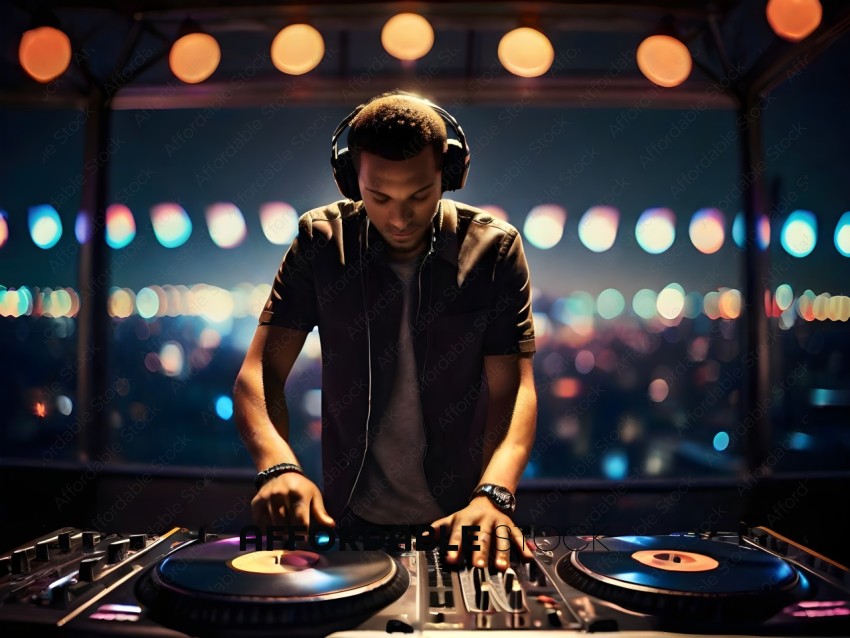 A man wearing headphones is spinning records