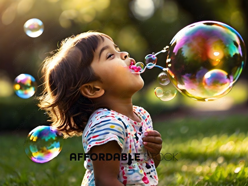 A little girl blowing bubbles