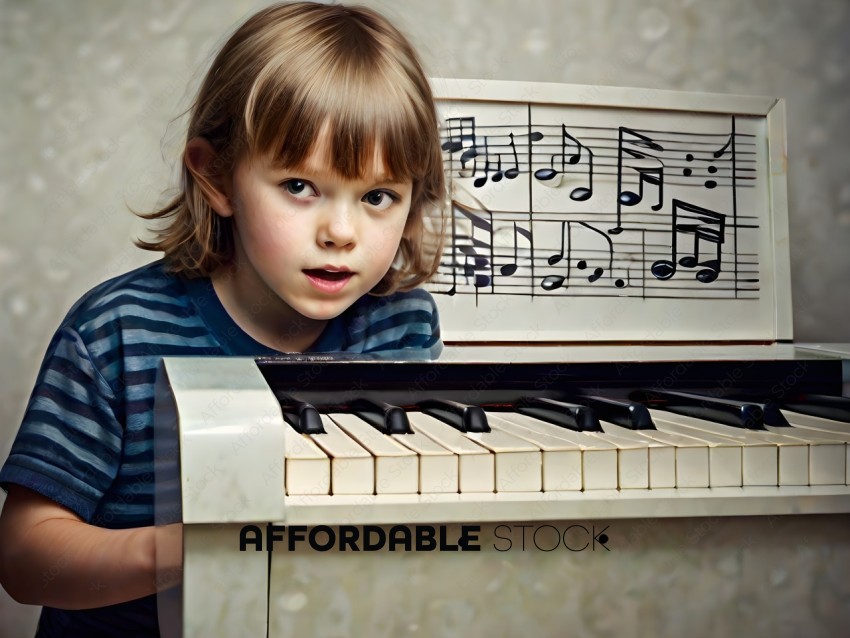 A young child playing a piano with sheet music in front of them