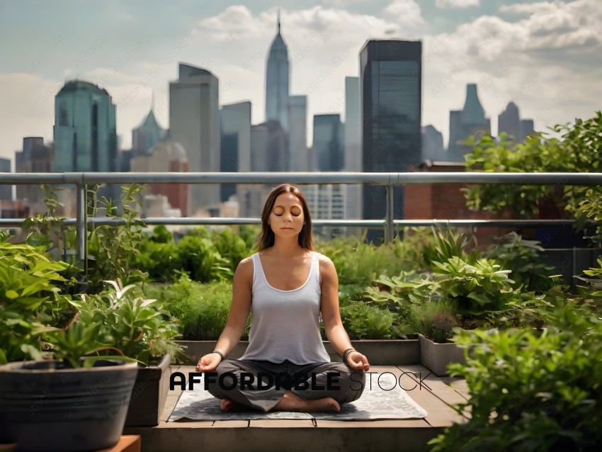 A woman meditating in a garden with a cityscape in the background