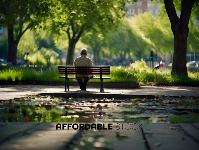 An elderly man sits on a bench in a park