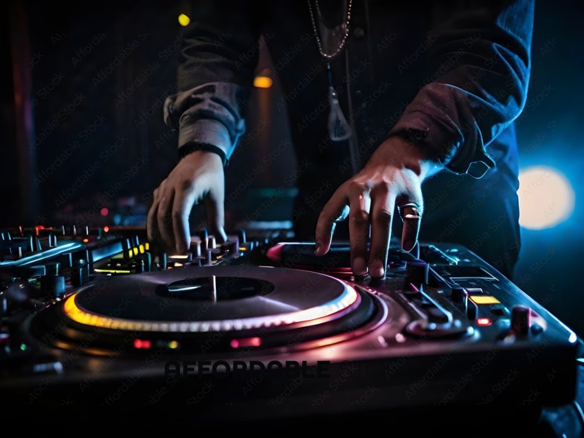 A man wearing a ring on his right hand is playing music on a DJ turntable