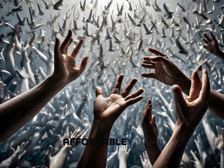 Hands of people reaching upward in a crowd