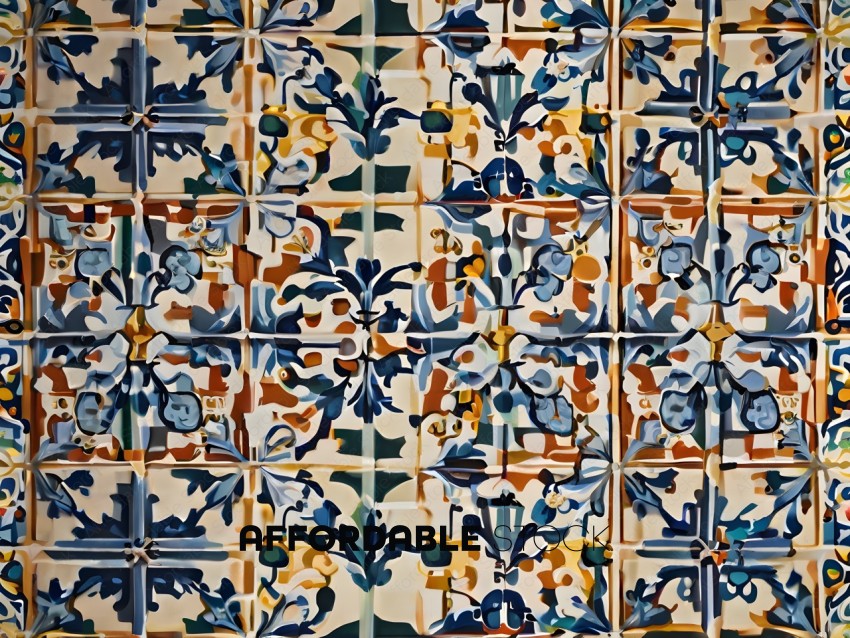 A tile mosaic with a blue and green design