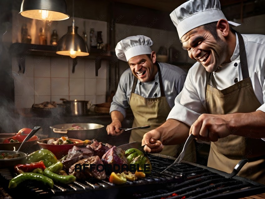 Two Chefs Cooking Steak and Vegetables on a Grill