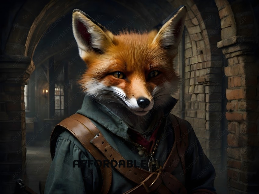 A fox wearing a green jacket and leather vest