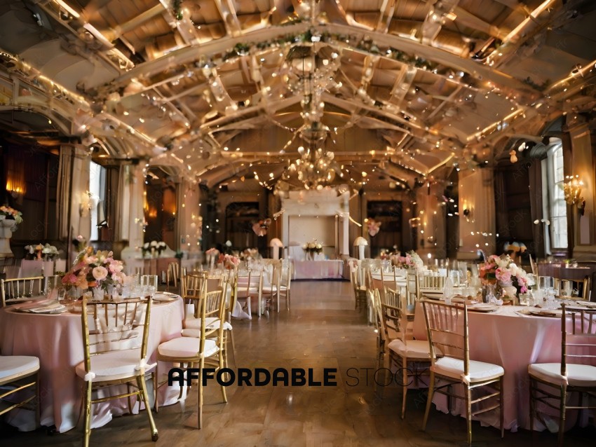 A grand ballroom with a large chandelier and many tables with flowers