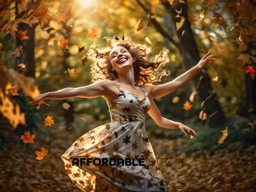 A woman in a dress dances in the leaves