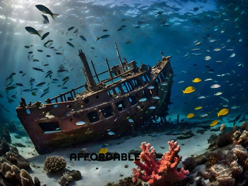 A sunken ship with a school of fish
