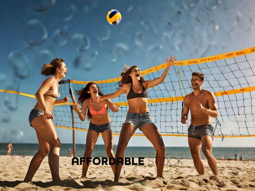 Four people playing volleyball on the beach