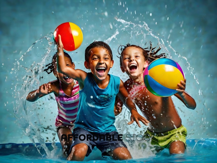 Three children playing with balls in a pool