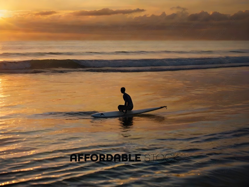 Surfer in the ocean at sunset