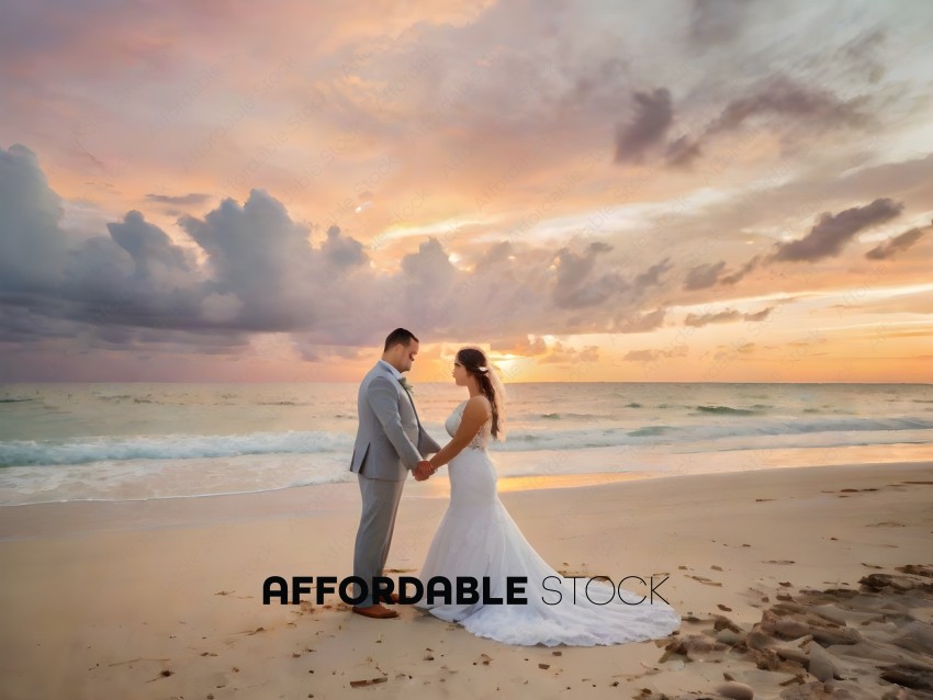 Bride and groom on beach at sunset