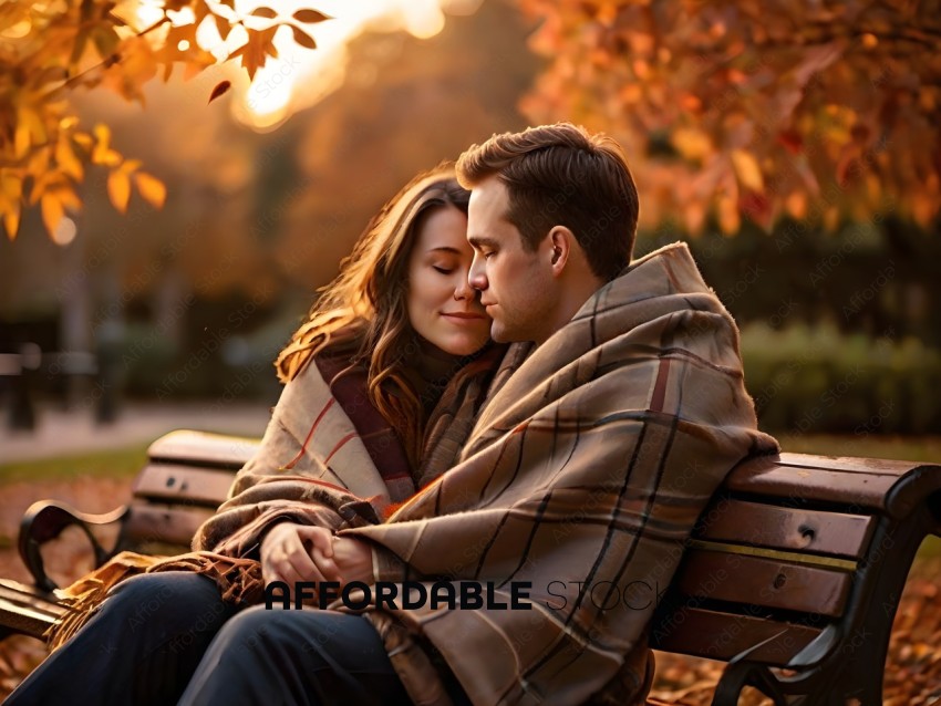 A couple sitting on a bench under a tree, wrapped in a blanket