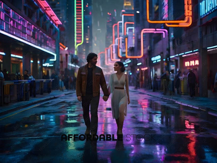 A couple walks through a neon lit city at night