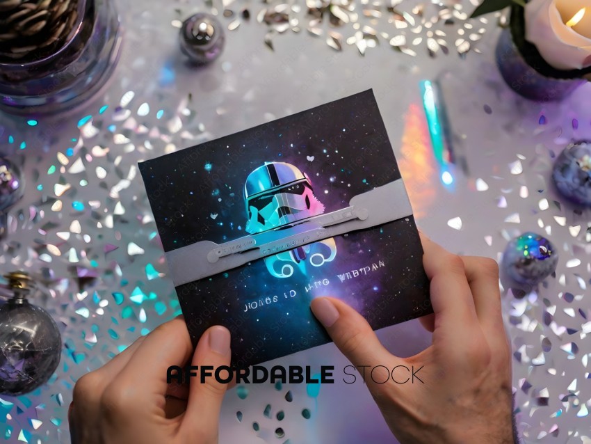 A person holding a Star Wars themed card