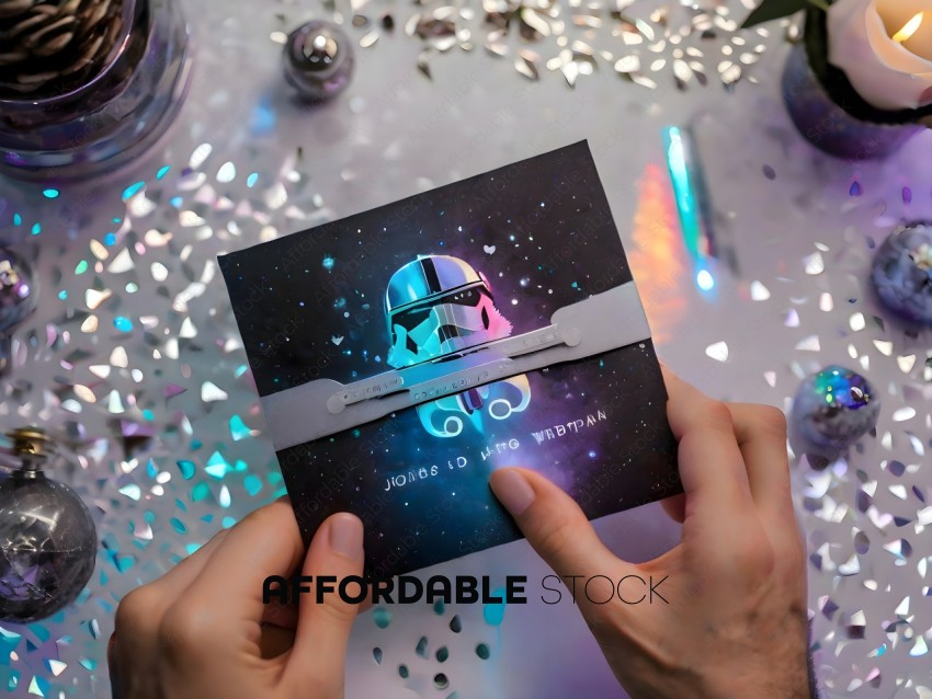 A person holding a Star Wars themed card