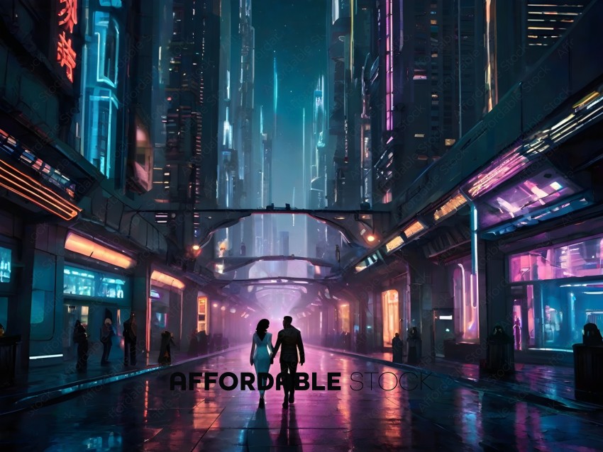 A couple walks through a futuristic city at night