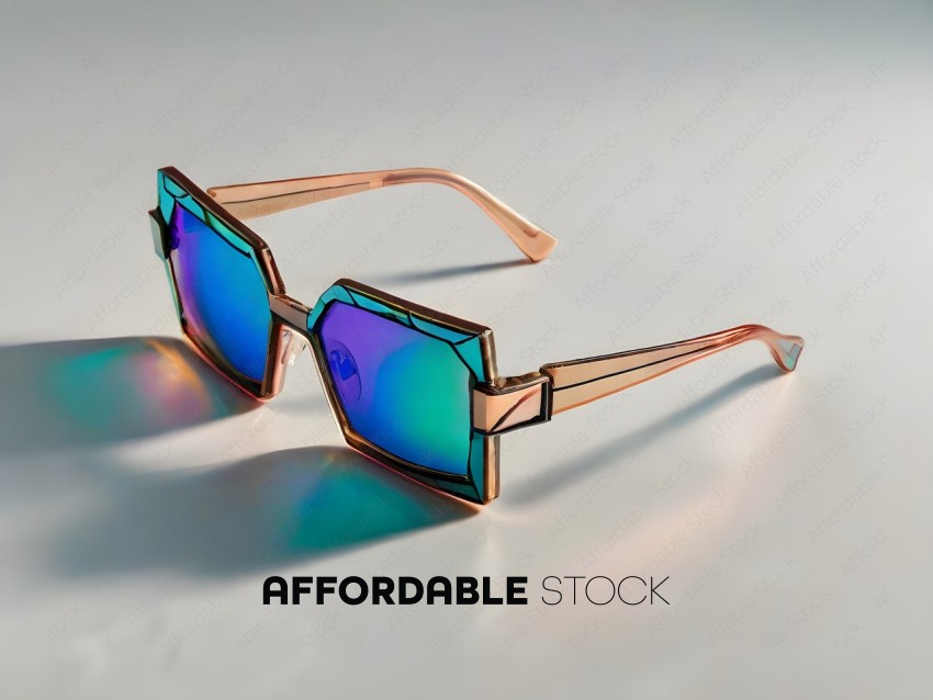 A pair of colorful sunglasses with a gold frame