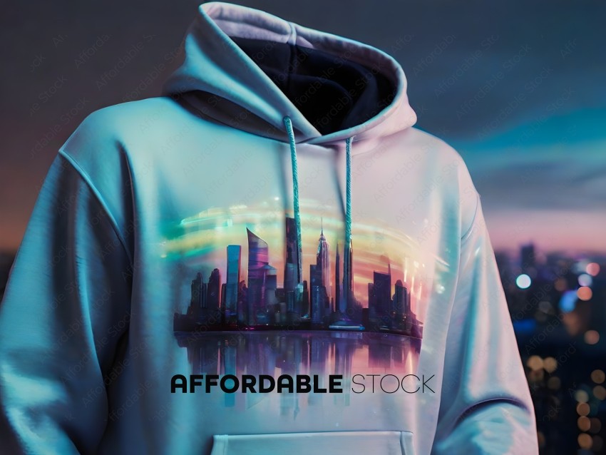 A white hoodie with a cityscape on it